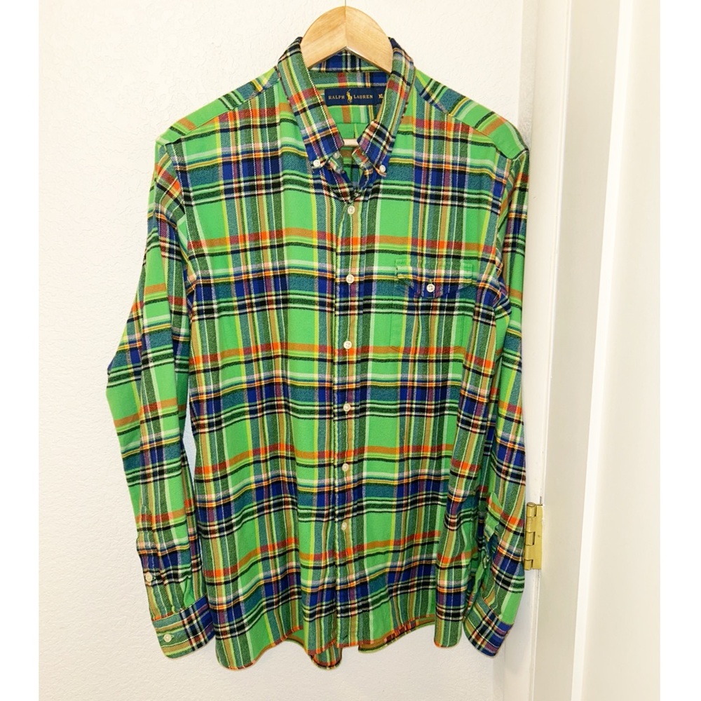 RALPH LAUREN Bright Green Flannel Plaid Perfectly Worn in 💯 Cotton SZ: X-Large